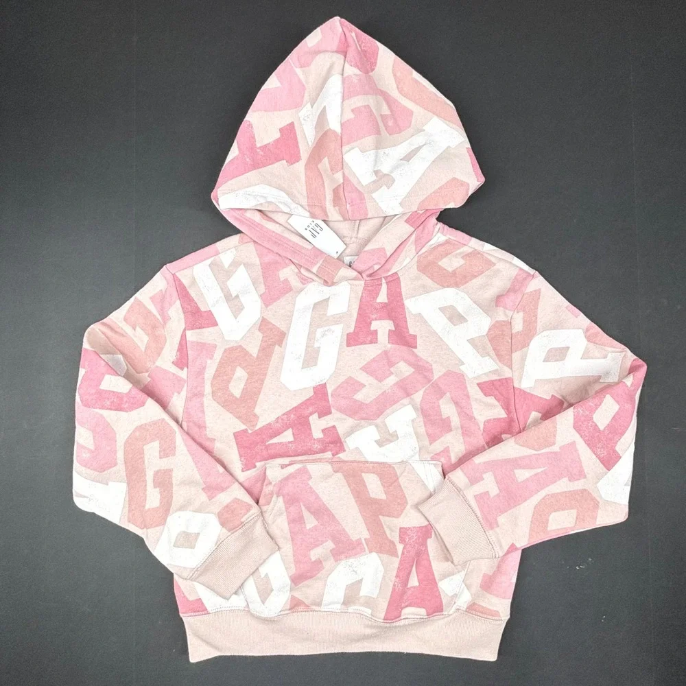 GAP Kids Allover Logo Pullover Hoodie Sweatshirt Pink Girls Large(10) Pocket NWT